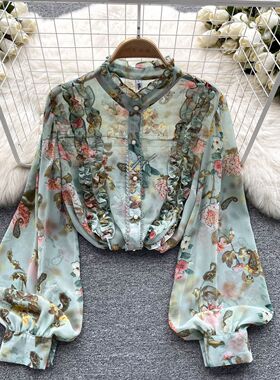 法式碎花雪纺衫上衣女2025新款高级感上衣洋气轻奢灯笼袖花衬衫