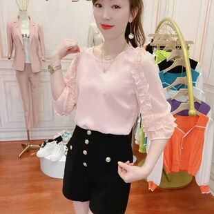 秋季七分袖雪纺衬衫女2025年秋季新款时尚宽松气质木耳边中袖上衣