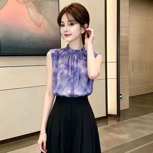 轻熟风显瘦扎染印花飘带无袖背心衬衫女夏天新款雪纺小衫2026年