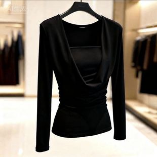 纯欲辣妹黑色方领长袖T恤女秋冬内搭打底衫短款修身辣妹荡领上衣