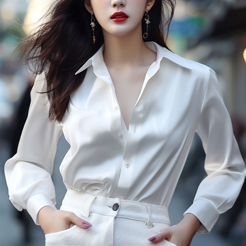 法式名媛高级感白色长袖缎面衬衫女春夏新款流行别致洋气百搭衬衣