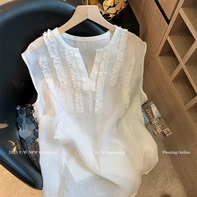 奥特莱斯清仓专柜品牌白色V领木耳边亚麻无袖上衣女夏老钱风背心