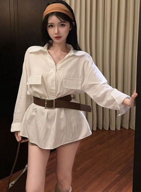 韩系白色Polo领长袖衬衫女早秋季纯欲小个子气质修身显瘦收腰上衣