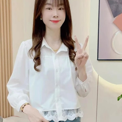 时尚蕾丝拼接长袖衬衫女2025春季新款洋气显瘦减龄百搭打底衫上衣