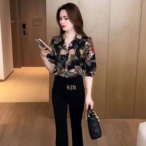 小个子雪纺衬衫女半袖碎花上衣2025夏季新款时尚洋气短袖职业衬衣