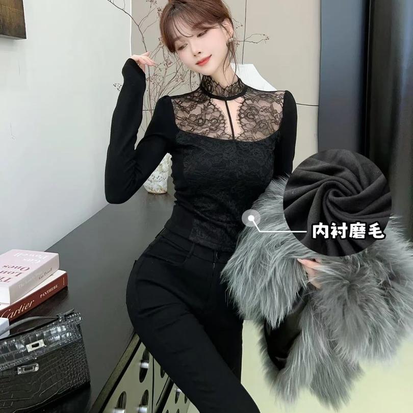卡卡女装官方旗舰店正品纯欲风挂脖镂空蕾丝拼接上衣女加绒打底衫