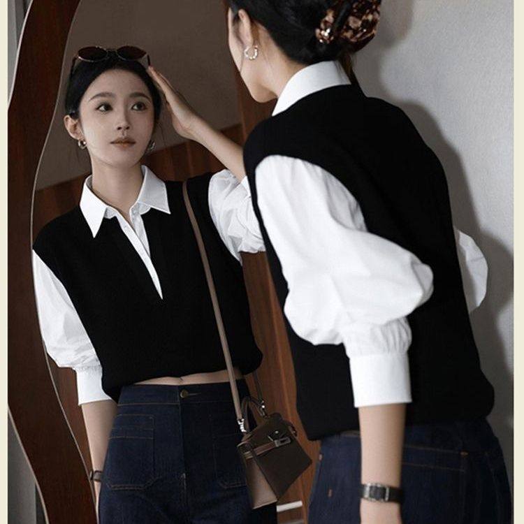复古撞色假两件polo衬衫女早秋巨好看独特漂亮法式小资赫本风上衣
