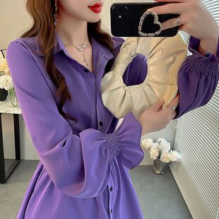 韩版秋上衣女2025新款喇叭袖衬衫显瘦收腰设计中长款纯色雪纺衬衣