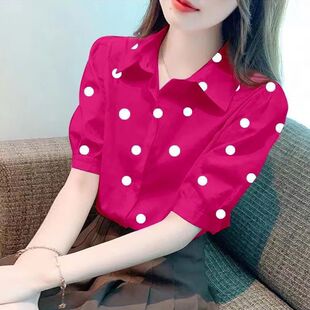 红色波点上衣女士短袖2025年新款女款女生t恤气质衬衫少女秋天季