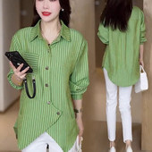 设计感不规则长袖 条纹衬衫 女2025春秋新款 时尚 宽松显瘦中长款 上衣