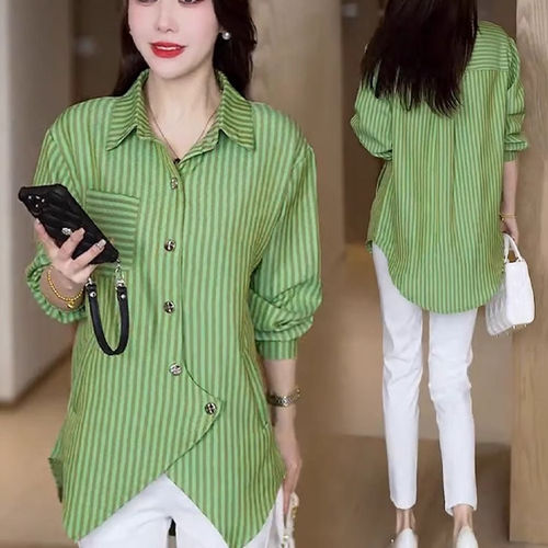 时尚设计感不规则长袖条纹衬衫女2025春秋新款宽松显瘦中长款上衣