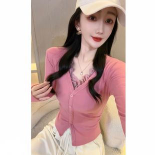 修身 女2025秋冬装 显瘦洋气上衣 开衫 纯欲风假两件V领蕾丝拼接长袖