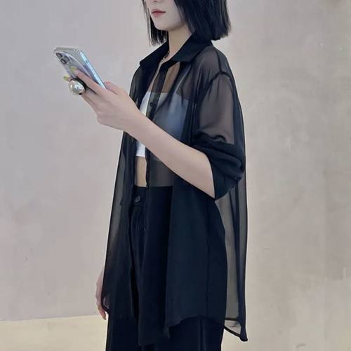 雪纺防晒衬衫女夏垂感网纱上衣薄款外穿微透性感披肩外搭配吊带仙