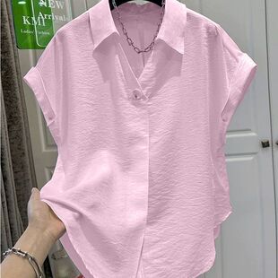 男女夏季 衬衫 简约翻领衬衣t恤 小众百搭后背扭结开叉飞袖 300斤大码