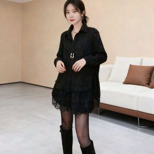 2025欧货韩系蕾丝花边拼接亮闪闪上衣大码别致独特超好看翻领衬衫