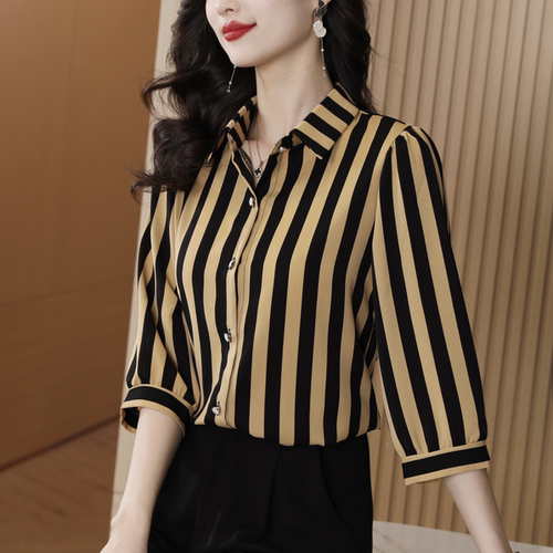 翻领条纹雪纺衬衫女七分袖2025春夏薄款气质时尚职业宽松显瘦衬衣