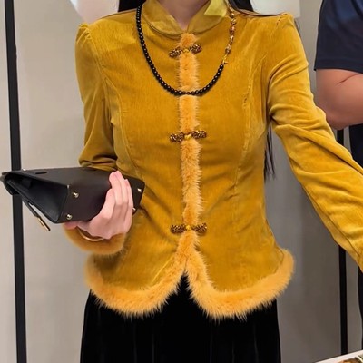 2025秋冬新款新中式国风复古立领盘扣拼接毛边气质百搭显瘦上衣女