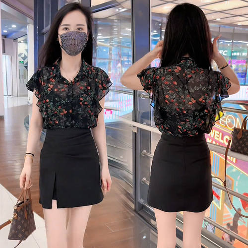 碎花薄款雪纺衬衫女夏气质减龄宽松休闲显瘦透气polo领飞飞袖上衣