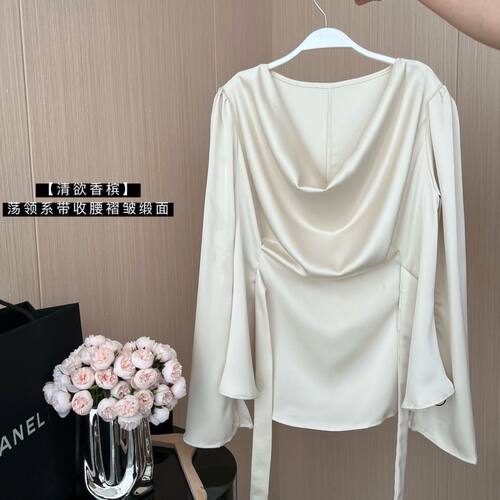 秋冬新款法式缎面气质高级感长袖衬衫荡领宽松系带收腰衬衣女上衣