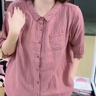 2025新款 氣質(zhì)減齡休閑百搭遮肚子亞麻襯衣潮 女士襯衫 復(fù)古棉麻短袖