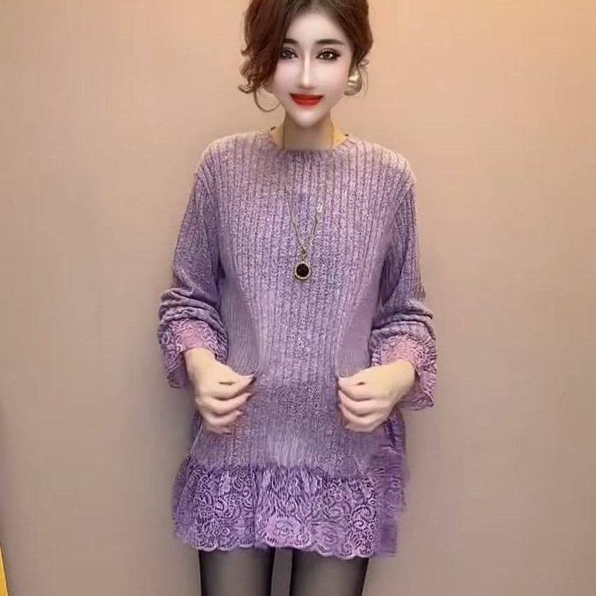 洋气蕾丝花边拼接中长款T恤女秋冬宽松显瘦加绒保暖长袖圆领上衣