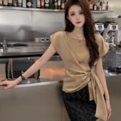 高级感圆领短袖 衬衫 女夏季 法式 2025年新款 气质显瘦绑带衬衣上衣薄