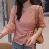 女2025新款 法式 秋季 小衫 别致绝美小上衣 漂亮时尚 粉色收腰条纹衬衫