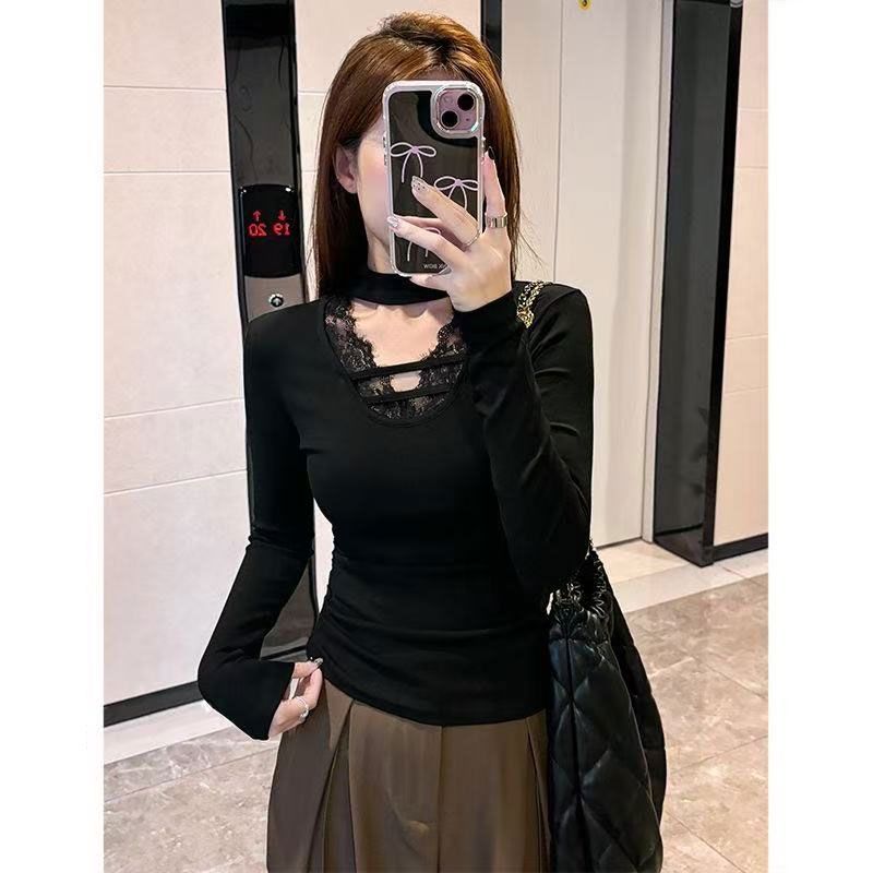 黑色纯欲性感v领挂脖蕾丝长袖打底衫女春秋内搭修身紧短款上衣白