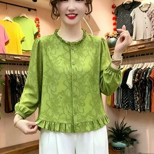 宽松休闲长袖气质碎花开衫秋季新圆领木耳边单穿中年女妈妈装衬衫