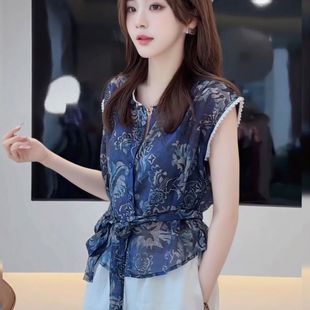 休闲独特舒适无袖 国风印花小衫 女士洋气中式 衬衫 新款 潮牌夏季 时尚