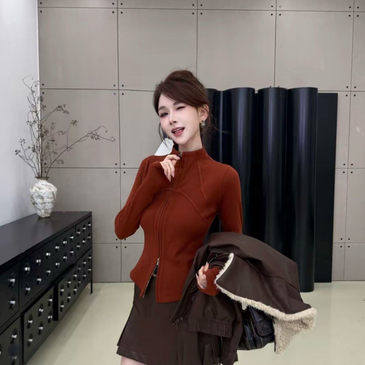 设计感双拉链鱼骨半高领卫衣女2025秋季新款法式时尚修身开衫上衣