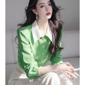 雪纺衫 上衣女高级感拼色七分袖 2025春夏时尚 气质新款 百搭衬衫 法式