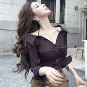 新款 设计感辣妹气质露肩v领修身 收腰显瘦百搭长袖 2025秋季 衬衫 女