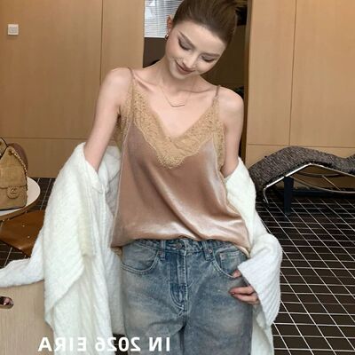 气质轻熟风蕾丝拼接V领吊带背心女早秋新款性感修身显身材打底衫