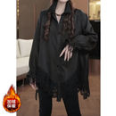 上衣独特超好看黑色衬衣 独特别致新款 韩系复古蕾丝花边衬衫 女冬季