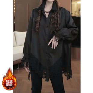 韩系复古蕾丝花边衬衫女冬季独特别致新款上衣独特超好看黑色衬衣