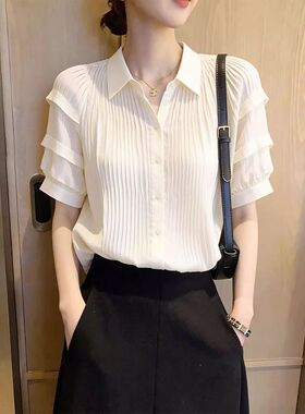 白色翻领衬衫女短袖2026夏季新款时尚洋气减龄宽松显瘦设计感上衣
