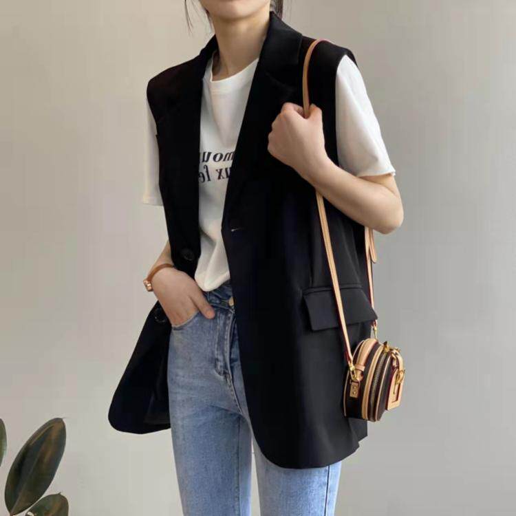 黑色西装马甲女春秋英伦风小个子外搭时尚宽松休闲中长款薄款外套