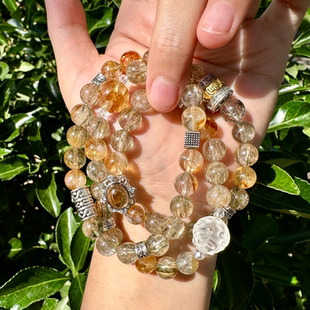聚财升能力｜9mm透体碧玺发晶 黄水晶白水狐球三圈手串项链两用款