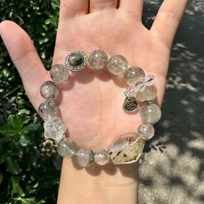 抹茶幸运星｜12.5mm满天星绿幽灵 绿幽灵原石随形 绿水晶星星手串