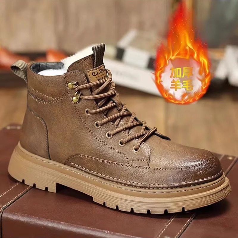 群狼世家马丁靴男款秋冬季加绒保暖高帮真皮加厚防滑羊毛雪地靴男