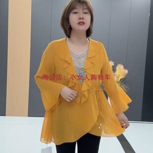 收腰遮肚宽松百搭圆领拼接长袖大码中长款T恤衫春季新款休闲上衣