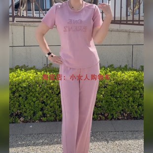 纯色圆领短袖T恤小衫直筒裤两件套夏季新款中年百搭休闲运动套装