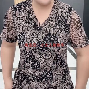 中老年妈妈大码 洋气百搭夏季 V领短袖 新款 上衣女2025 镂空透气T恤衫