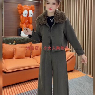 秋冬翻领加棉加厚纯色外套阔腿裤两件套休闲舒适百搭洋气中年套装