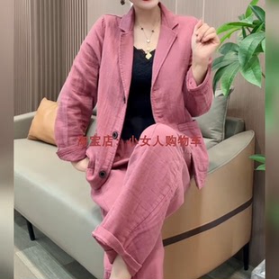 休闲时尚西装外套长裤两件套秋季新款宽松遮肉百搭中年妈妈套装女