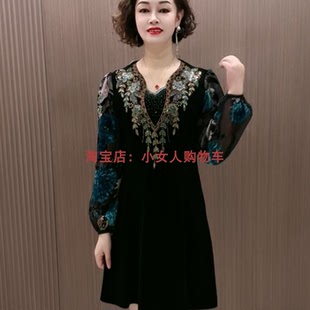 大花长袖拼接V领烫钻金丝绒休闲裙宽松遮肚春季百搭中年连衣裙女