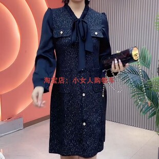 秋季新款围巾领长袖拼接收腰单排扣中长裙时尚气质减龄中年连衣裙