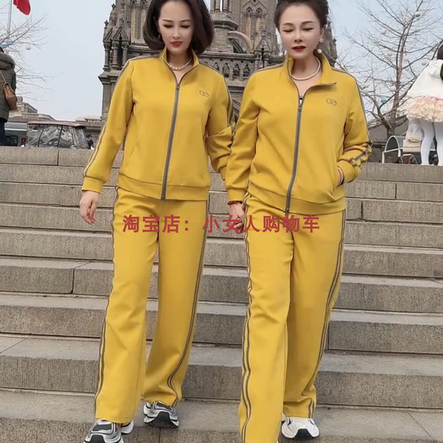 春季立领长袖拉链开衫外套套装休闲时尚百搭减龄中年运动两件套女