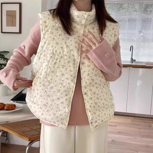 2024冬新款韩系立领小碎花羽绒棉服马甲女宽松百搭无袖外套潮